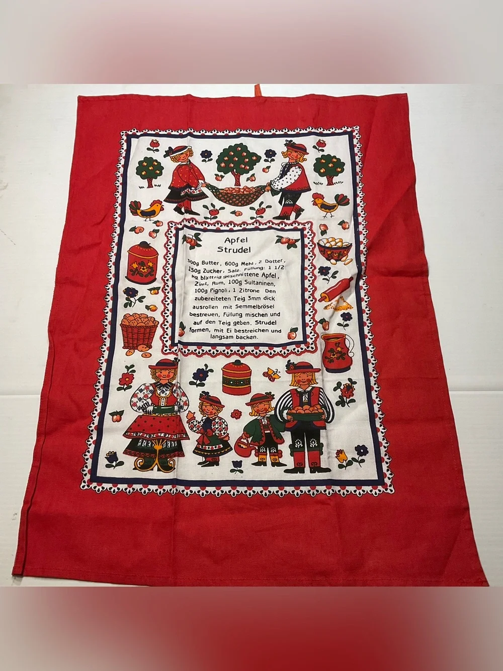 Vintage Baumwolle Applestrudel Recipe Kitchen Tea Towel Austria Folk Art Alpine